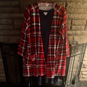 LuLaRoe Red and Navy cardigan with Navy long sleeve mid length dress.